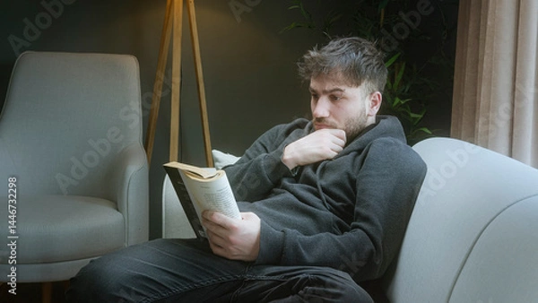 Obraz Young man reading a book and relaxing in a cozy living room with warm ambient lighting