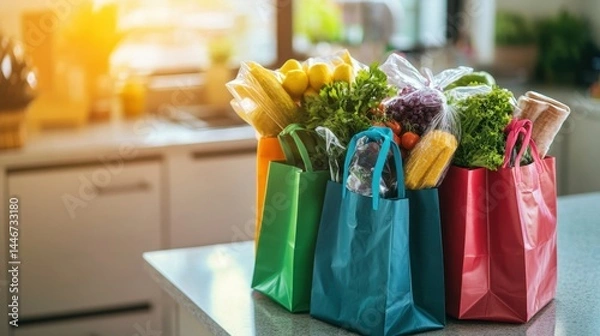 Obraz Close-up of reusable shopping bags filled with groceries, macro shot, on a kitchen counter, using colorful elements in composition, with soft morning light