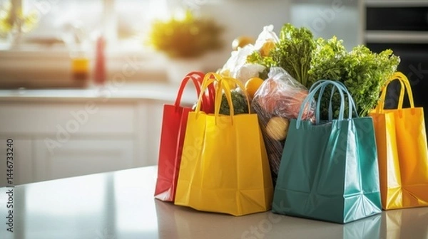Obraz Close-up of reusable shopping bags filled with groceries, macro shot, on a kitchen counter, using colorful elements in composition, with soft morning light