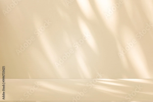 Obraz Wall interior background, studio and backdrops show products. with leaf shadow from window color beige and white. background for text insertion and presentation of product	