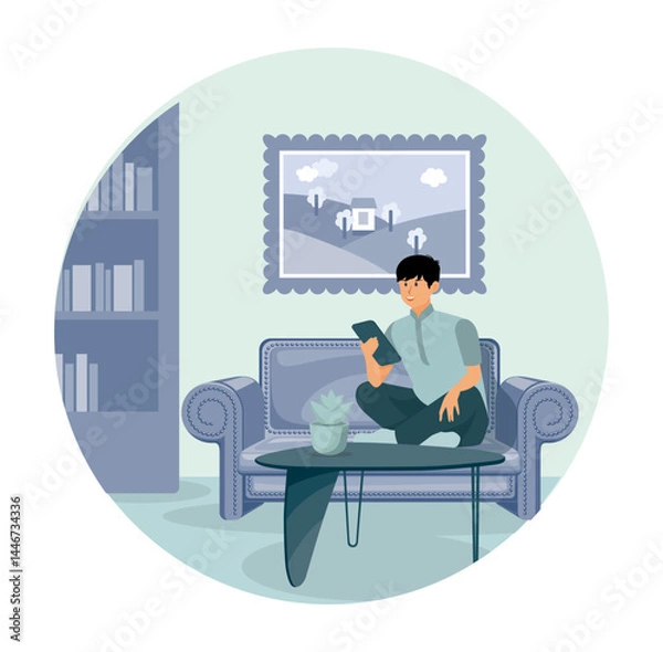 Obraz Man with cell phone on living room couch text message on social media app.