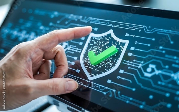 Fototapeta Data Security Concept With Shield And Green Check Mark On Digital Display Showing A Finger Touching Screen Emphasizing Information Protection And Cybersecurity