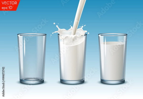 Fototapeta Transparent realistic transparent glasses, to pour milk splash, full and empty glass on a blue background.