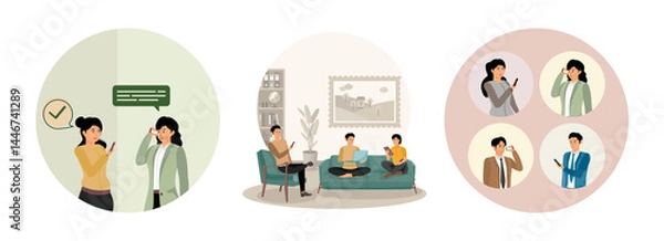 Obraz Looking at their smart phones and chatting. Couch looking at their technology. Online communication.