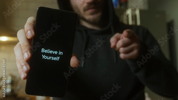 Obraz A man is holding a cell phone that says "believe in yourself"
