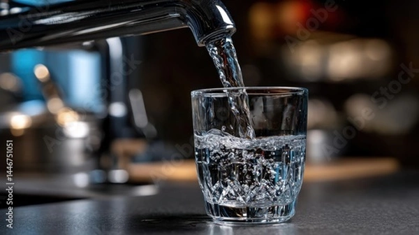 Obraz close-up clean water flowing into a glass , detail shot , on a kitchen counter , product-style composition , with bright interior lighting