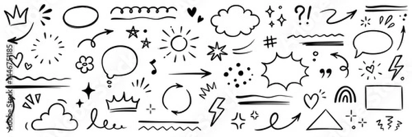 Fototapeta Line hand drawn brush marker arrow, heart, crown element set. Hand drawn sketch marker underline shape, arrow, star scribble brush pen stroke element. Crown, love graphic icon. Vector illustration