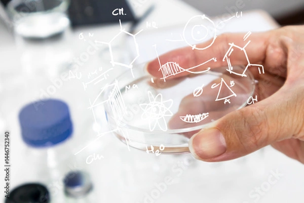 Fototapeta Bottles used in scientific and medical experiments and scientific research, chemical formulas and starting chemicals in research