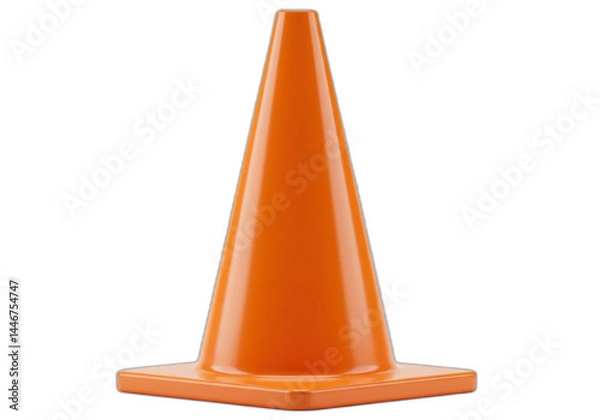 Fototapeta Orange traffic cone, sturdy, reflective stripes, pointed top, white background. Isolated on transparent background.