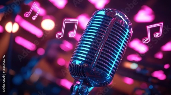 Fototapeta Neon Microphone with Glowing Notes in Vibrant Futuristic Style