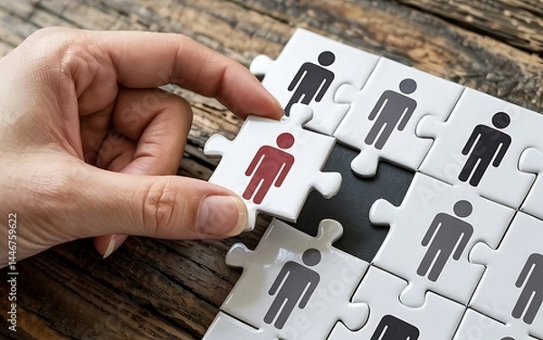 Fototapeta Hand Placing A Unique Puzzle Piece In A Group Representation Of Human Resources And Talent Acquisition On A Wooden Background Emphasizing Individuality