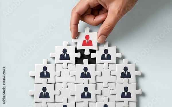 Fototapeta Hand Placing Leader Puzzle Piece In Team Hierarchy