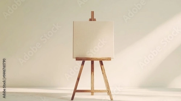 Fototapeta Blank canvas on wooden easel in bright room.
