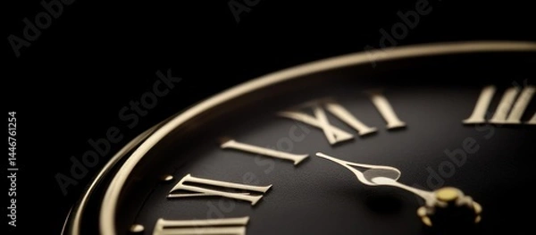 Fototapeta Close-up Perspective of an Analog Clock with Roman Numerals on a Dark Background