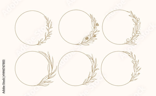Fototapeta Set of Greenery Floral Wreath, Rounded Botanical Flower Frames and Floral Logo for Wedding and save the date nature wild flowers in vector