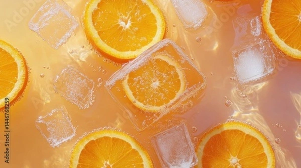 Fototapeta Refreshing orange slices and ice cubes in a drink