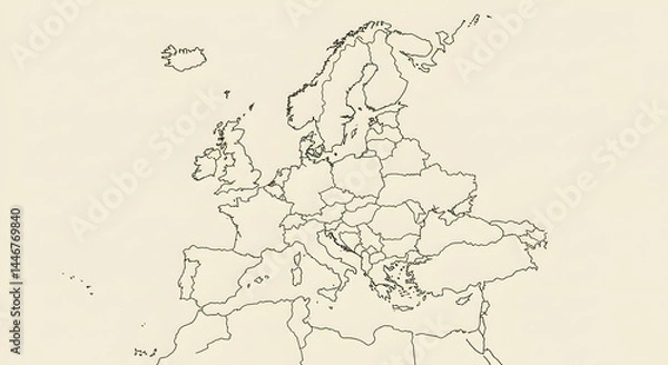 Fototapeta Outline of a detailed map of Europe showing countries and geographical features in a minimalist style Generative AI