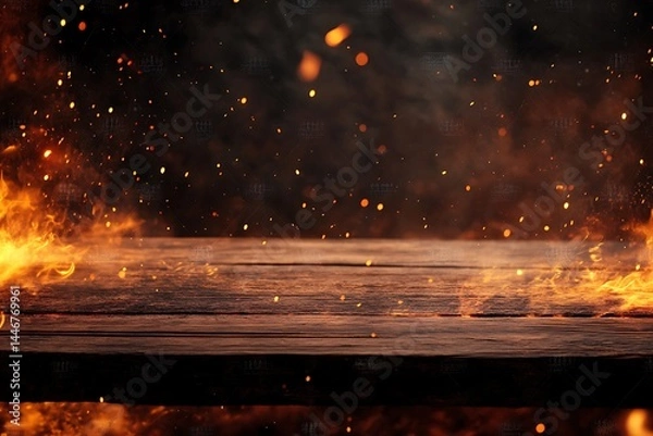 Fototapeta Burning fire on a wooden board on a dark background with bokeh
