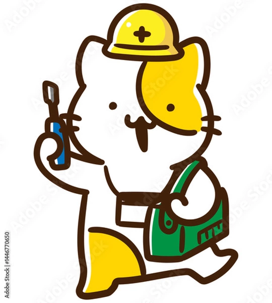 Obraz 電気工事の作業員になるかわいいねこのキャラクターのデフォルメイラスト