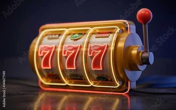 Fototapeta Lucky Sevens On Illuminated Slot Machine With Red Handle And Gold Trim For Gaming Excitement