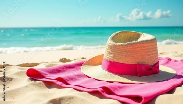 Fototapeta Stylish straw hat and vibrant pink towel on sandy shore near ocean, book, coastal, travel