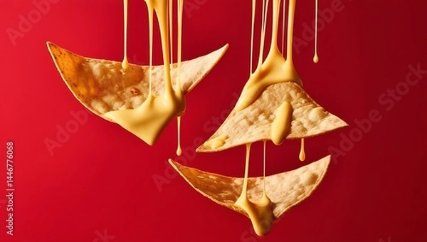 Fototapeta Tortilla Chips with Melted Cheese Drips on Red Background – Delicious Crunchy Snack Food Photography