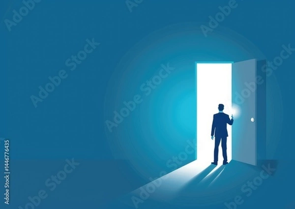 Fototapeta A businessman stands at an open door, embodying the surreal blend of opportunity and freedom in a vibrant world.