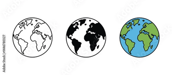 Fototapeta Three Simple Earth Globe Illustrations Line Art Black White and Color