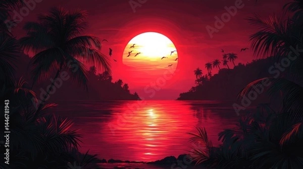 Obraz vibrant tropical sunset landscape with palm tree silhouettes, flock of birds in flight, colorful orange and purple sky, with sea view, peaceful lake reflections