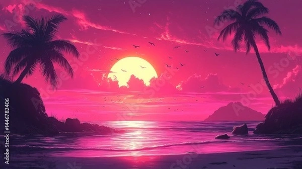 Fototapeta vibrant tropical sunset landscape with palm tree silhouettes, flock of birds in flight, colorful orange and purple sky, with sea view, peaceful lake reflections