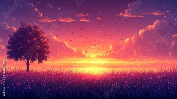 Obraz vibrant tropical sunset landscape with palm tree silhouettes, flock of birds in flight, colorful orange and purple sky, with sea view, peaceful lake reflections