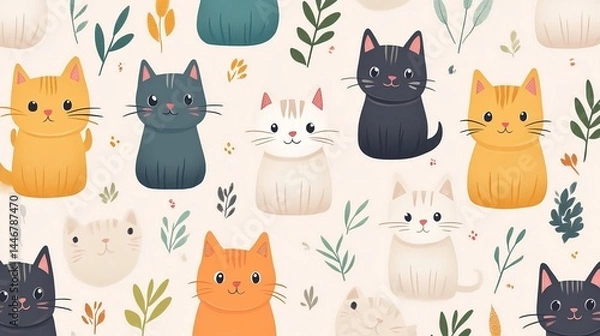 Fototapeta Charming Pattern Featuring Playful Cats Surrounded by Lush Green Plants Creating a Whimsical Atmosphere