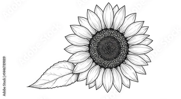 Fototapeta Sunflower drawing featuring delicate petals and intricate seed patterns in black and white Generative AI