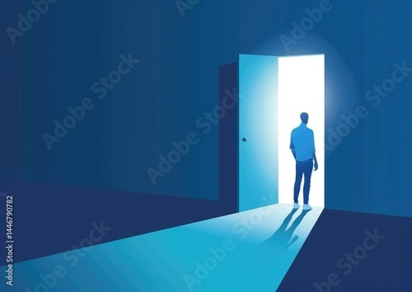 Fototapeta A businessman stands at an open door, embodying the surreal blend of opportunity and freedom in a vibrant world.