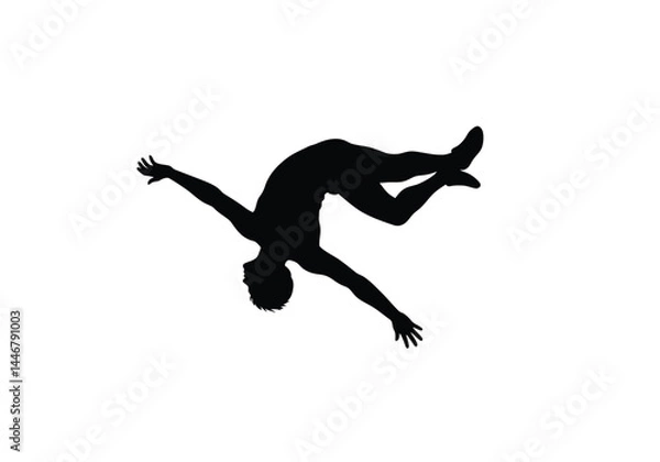 Fototapeta Tumbling silhouette. This image shows a black silhouette of a person in mid-air performing a tumbling or acrobatic move, emphasizing dynamic motion and agility. Vector clipart illustration design.