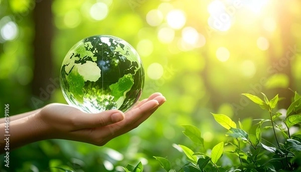 Fototapeta Hands gently cradling a glass globe representing Earth, surrounded by lush greenery.  Image symbolizes environmental care and sustainability.