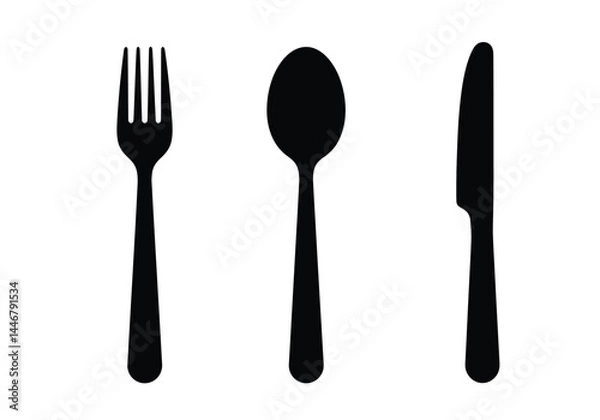 Fototapeta Fork spoon knife silhouette. This image shows a black silhouette of a fork, spoon, and knife, representing essential cutlery used in kitchens and dining settings. Vector clipart illustration design.