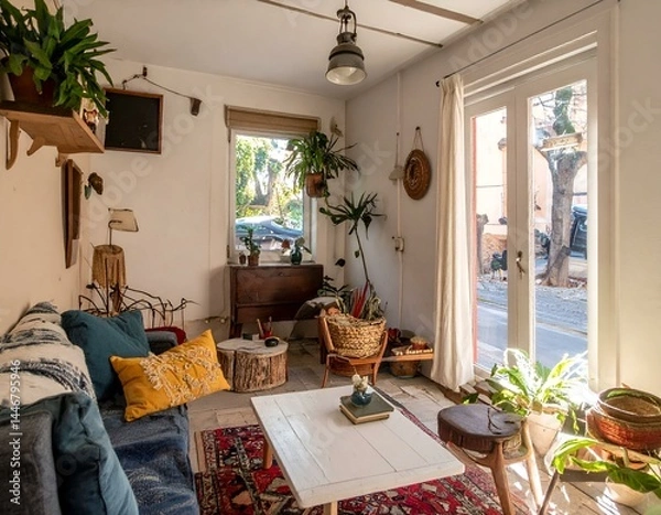 Fototapeta Cozy bohemian living room with plants, vintage furniture, and a warm atmosphere. Perfect for blogs, magazines, and websites showcasing home decor and interior design.