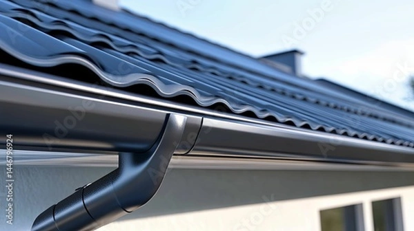 Obraz Exterior view of a dark gray gutter system on a house.