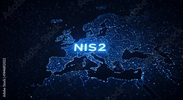 Fototapeta Digital Map of Europe Highlighting NIS2 Cybersecurity Directive and Technological Networks
