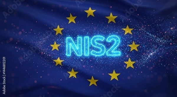 Fototapeta NIS2 EU Cybersecurity Directive Represented by European Union Flag and Digital Elements
