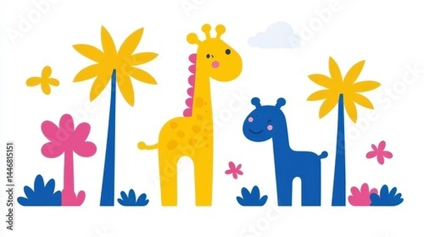 Fototapeta Delightful pixelated safari scene featuring giraffe and blue hippo amidst colorful tropical trees evoking playful childlike design ideal for backgrounds