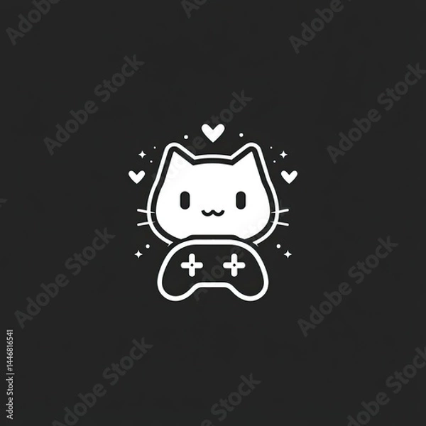 Fototapeta Cute cat with game controller, surrounded by hearts and stars.