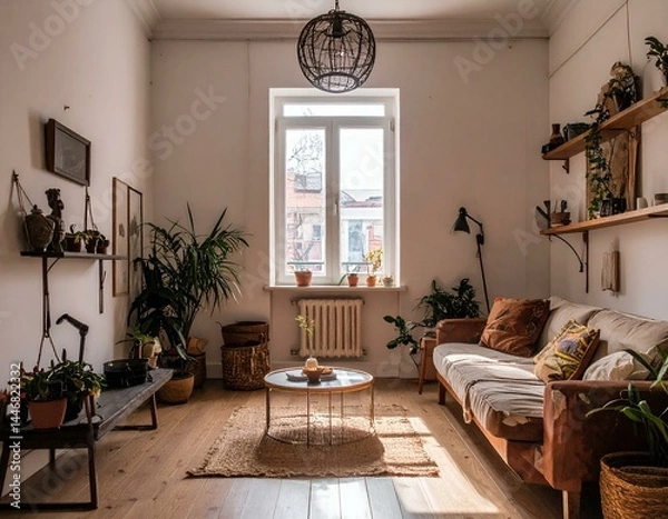 Fototapeta Sunlit bohemian living room interior with plants, wooden furniture, and eclectic decor.