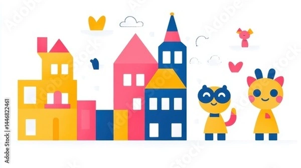 Fototapeta Whimsical pixelated cityscape with friendly cartoon animals enhancing playful atmosphere and evoking a sense of childhood joy ideal for creative projects