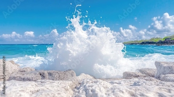 Fototapeta Ocean waves crashing on rocks, a frothy explosion of white