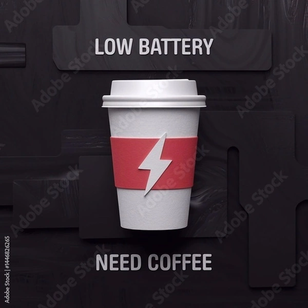 Fototapeta Coffee as an energy source: stylized illustration of a disposable coffee cup with a lightning bolt symbol on a red sleeve, positioned between the texts "LOW BATTERY" and "NEED COFFEE" on a dark textur
