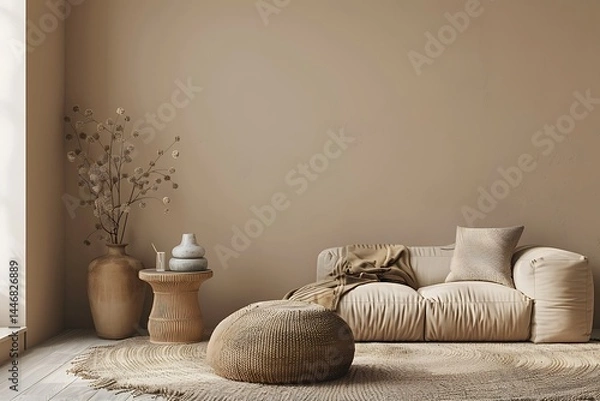 Fototapeta Interior design of living room with copy space, beige sofa, side table, leaf in vase, pouf, elegant accessories and boucle rug. Beige wall. Minimalist home decor. Template.