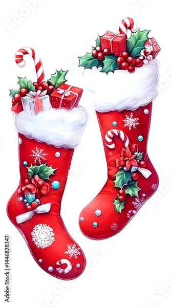 Fototapeta Christmas Stockings Illustration With Gifts, Candy Canes, and Holly Decorated With Snowflakes, Isolated Background