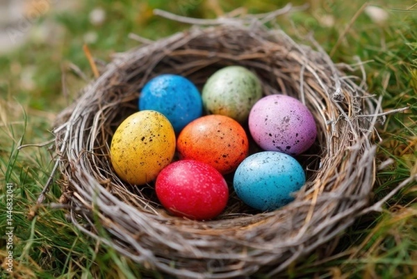 Fototapeta Colorful easter eggs nestled in grass symbolizing renewal and joy for vibrant spring celebrations and festive holiday imagery